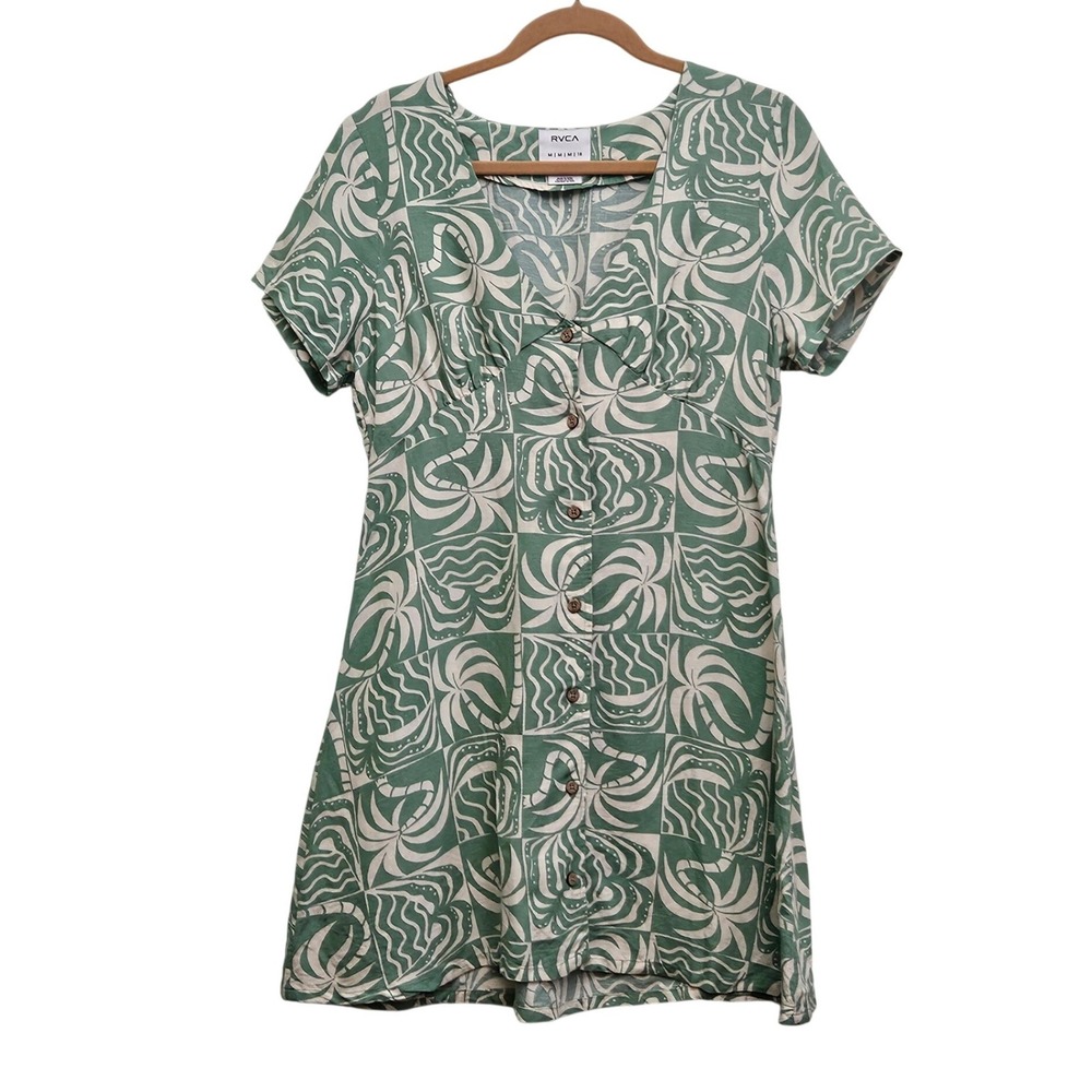 RVCA Mini Dress M Green Tropical Palm Leaf Button Front Boho Beachy Coastal